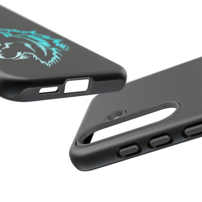 matte black phone case with blue wolf design, showing the bottom and top side by side. 
