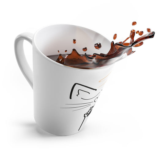 White latte style mug with cat graphic tilted spilling coffee out