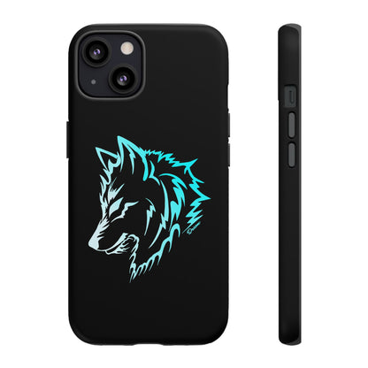 Matte Black iPhone case with a blue wolf in the center. white background