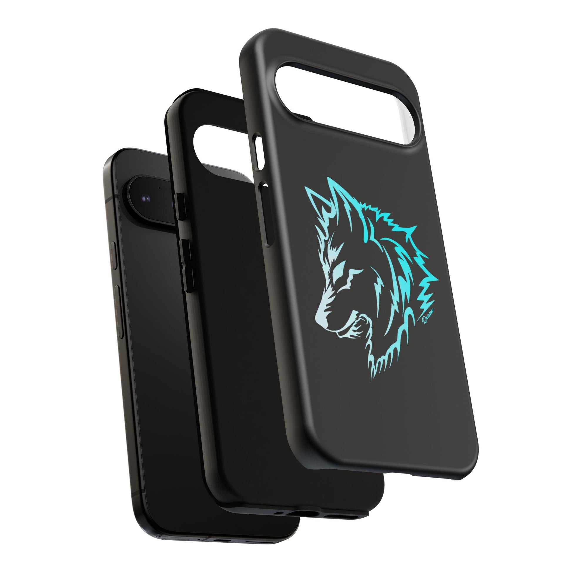 Phone case with a blue wolf design. It's black matte. Showcasing the phone, center, and front. Showing the inside protection. 