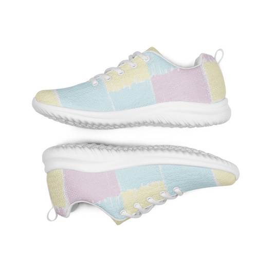 a pair of pastel checkered blue yellow and pink womens athletic shoes laying down showcasing inner side of shoes 